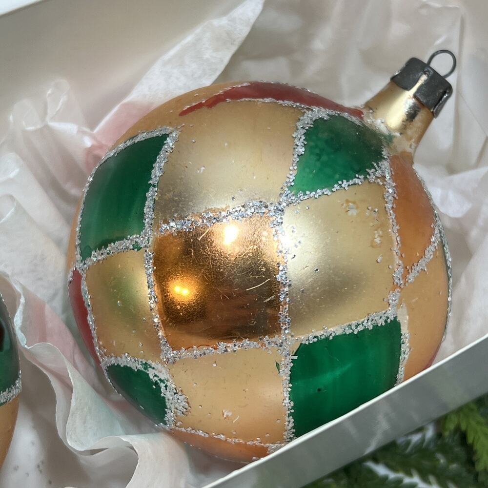 Vintage Christmas Ornaments Mercury Glass Harlequin Pattern 3.25” Set of 2 Ball - Picture 10 of 16